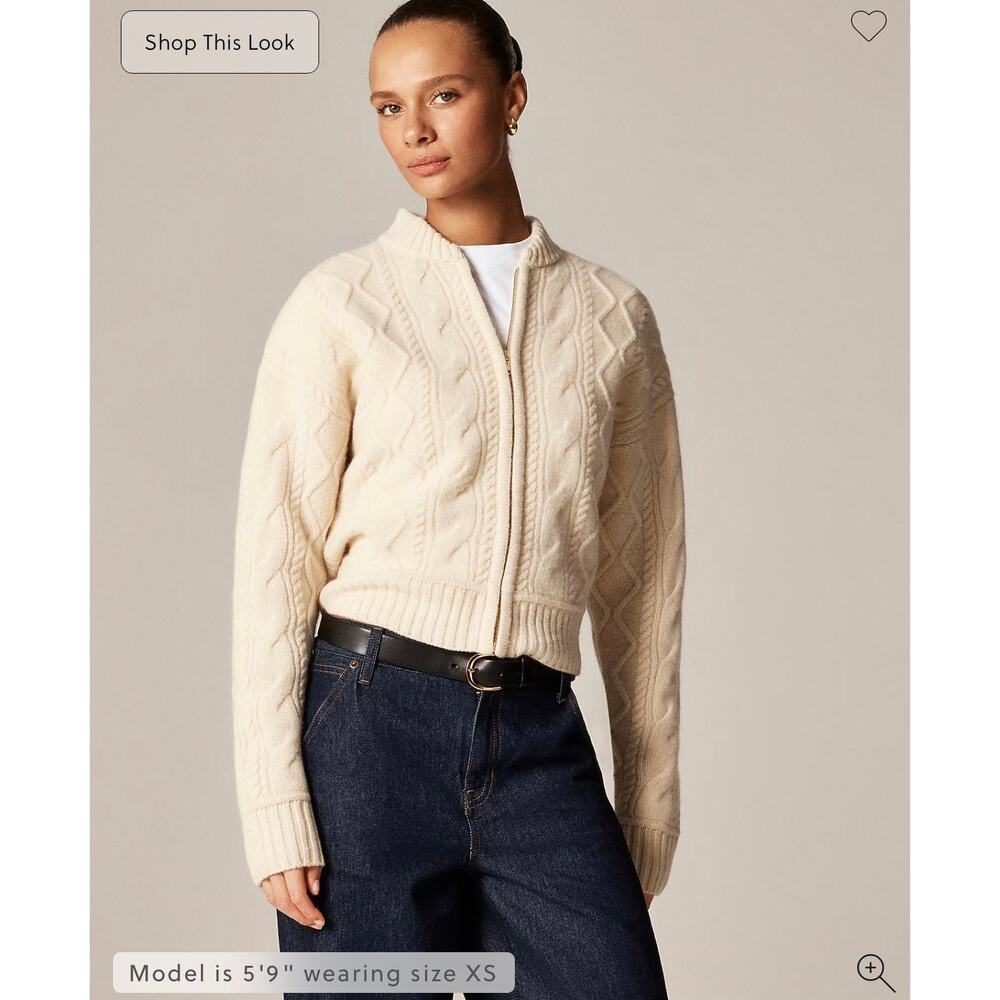 J. Crew Cream Cable-Knit Zip Front Bomber Sweater NWT